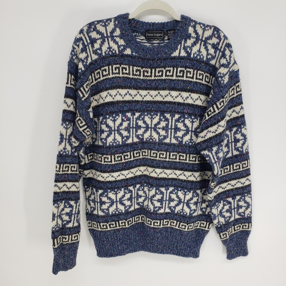 Vintage 90s Peter England Fair Isle Knit Sweater Mens L Blue Wool Blend Fleck